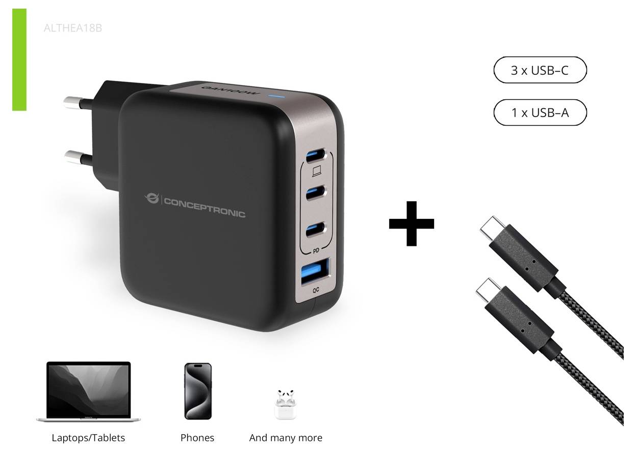 Conceptronic ALTHEA18B 100W 4-Port GaN USB PD Charger USB Ladegerät USB-A, 3x USB-C® Schwarz