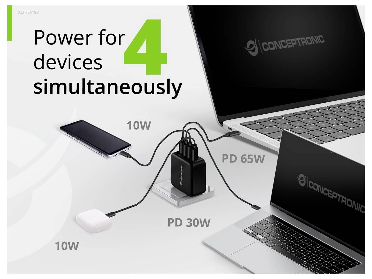 Conceptronic ALTHEA18B 100W 4-Port GaN USB PD Charger USB Ladegerät USB-A, 3x USB-C® Schwarz