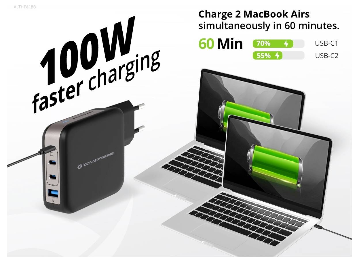 Conceptronic ALTHEA18B 100W 4-Port GaN USB PD Charger USB Ladegerät USB-A, 3x USB-C® Schwarz