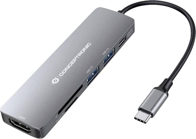 USB-C-Multiport-Hub mit HDMI, USB-A, USB-C und SD-Kartensteckplätzen, gezeigt mit angeschlossenem Kabel.
