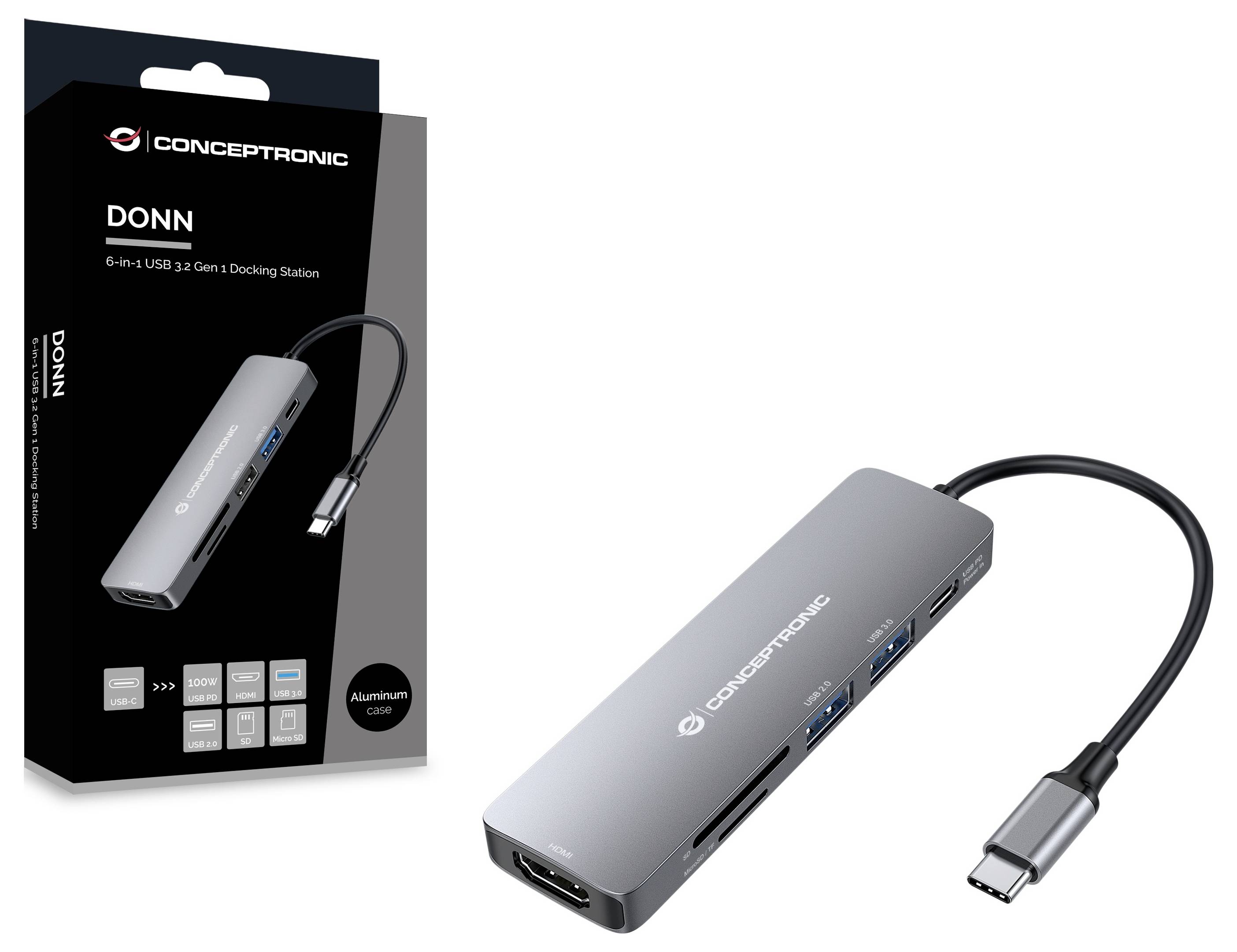Conceptronic USB-C® Dockingstation DONN11G 6-in-1 USB 3.2 Gen 1 Docking Sta inkl. Ladefunktion, USB-C® Power Delivery