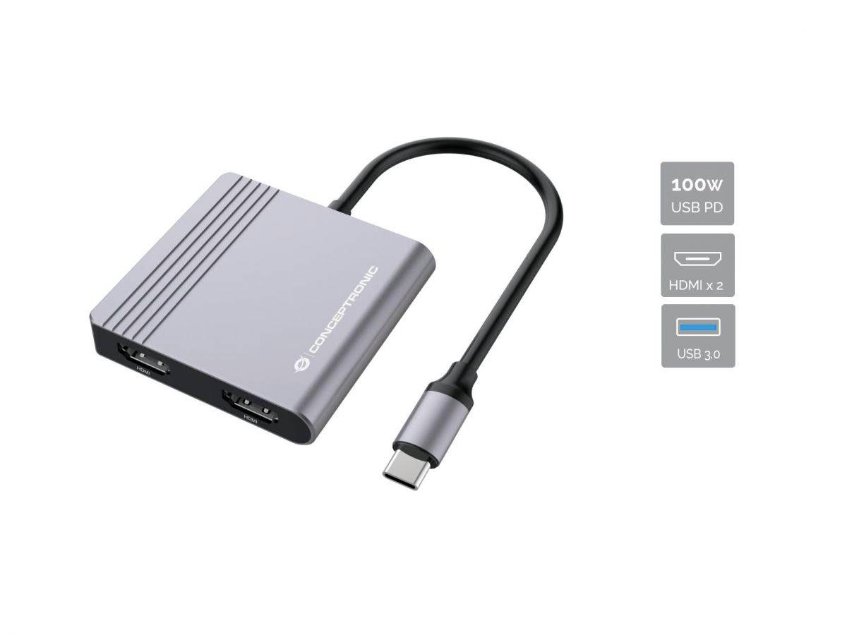 USB-C-Hub-Adapter mit zwei HDMI-Anschlüssen, einem USB-3.0-Anschluss und 100-W-USB-PD-Laden.