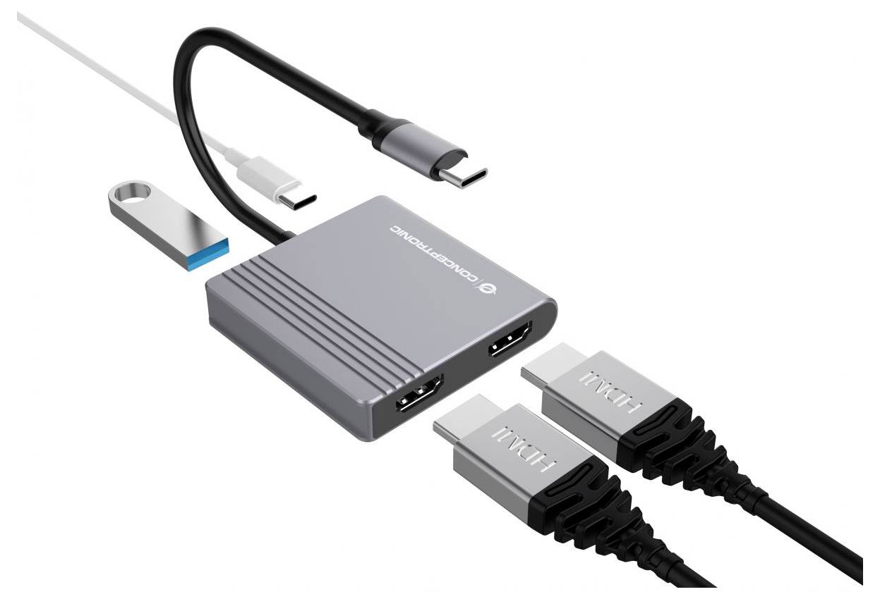 USB-C-Hub mit angebrachten Kabeln und Anschlüssen, zeigt einen kompakten Adapter mit mehreren Anschlüssen und integrierten USB-A- und USB-C-Leitungen.
