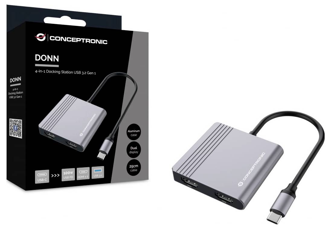 Conceptronic DONN 4-in-1 Dockingstation USB 3.2 Gen 1, gezeigt mit ihrer Verpackung und dem silbernen Aluminium-Hub mit angeschlossenem USB-C-Kabel.