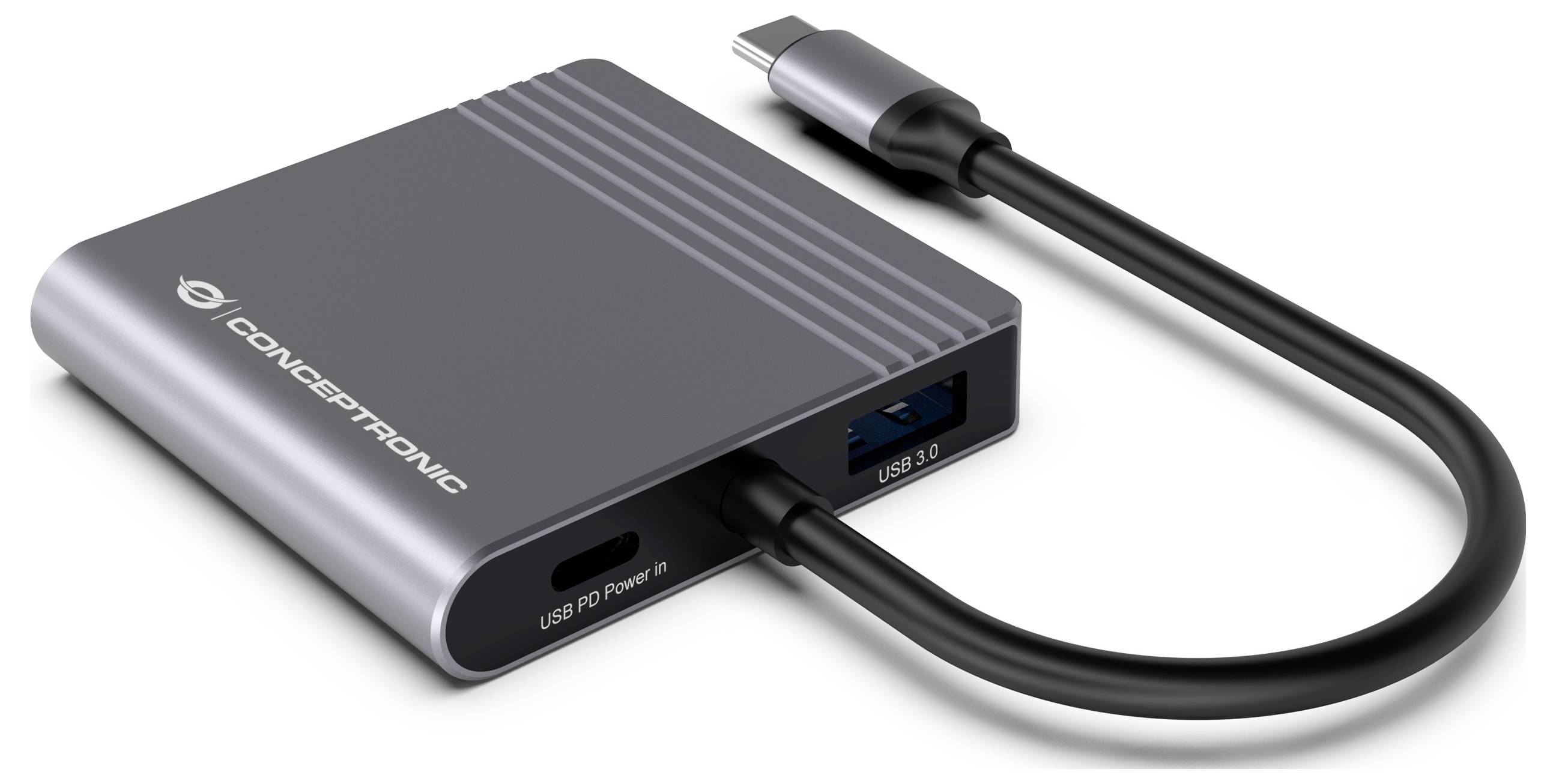 Kompakter Conceptronic USB-C-Hub mit integriertem Kabel, mit Anschlüssen, die mit „USB PD Power