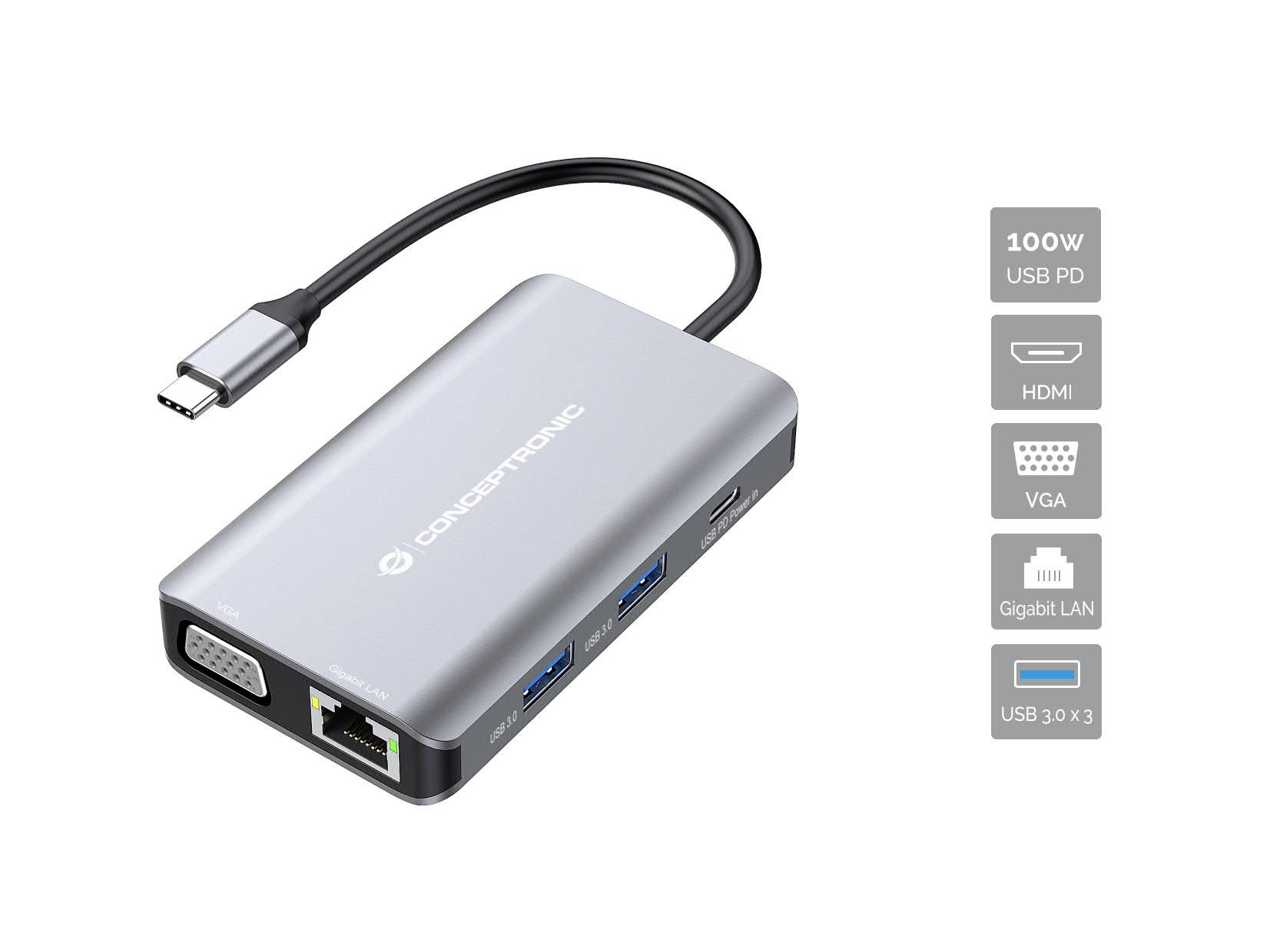 USB-C-Multiport-Hub mit HDMI, VGA, Gigabit-LAN, drei USB-3.0-Anschlüssen und 100W Power Delivery Pass-Through