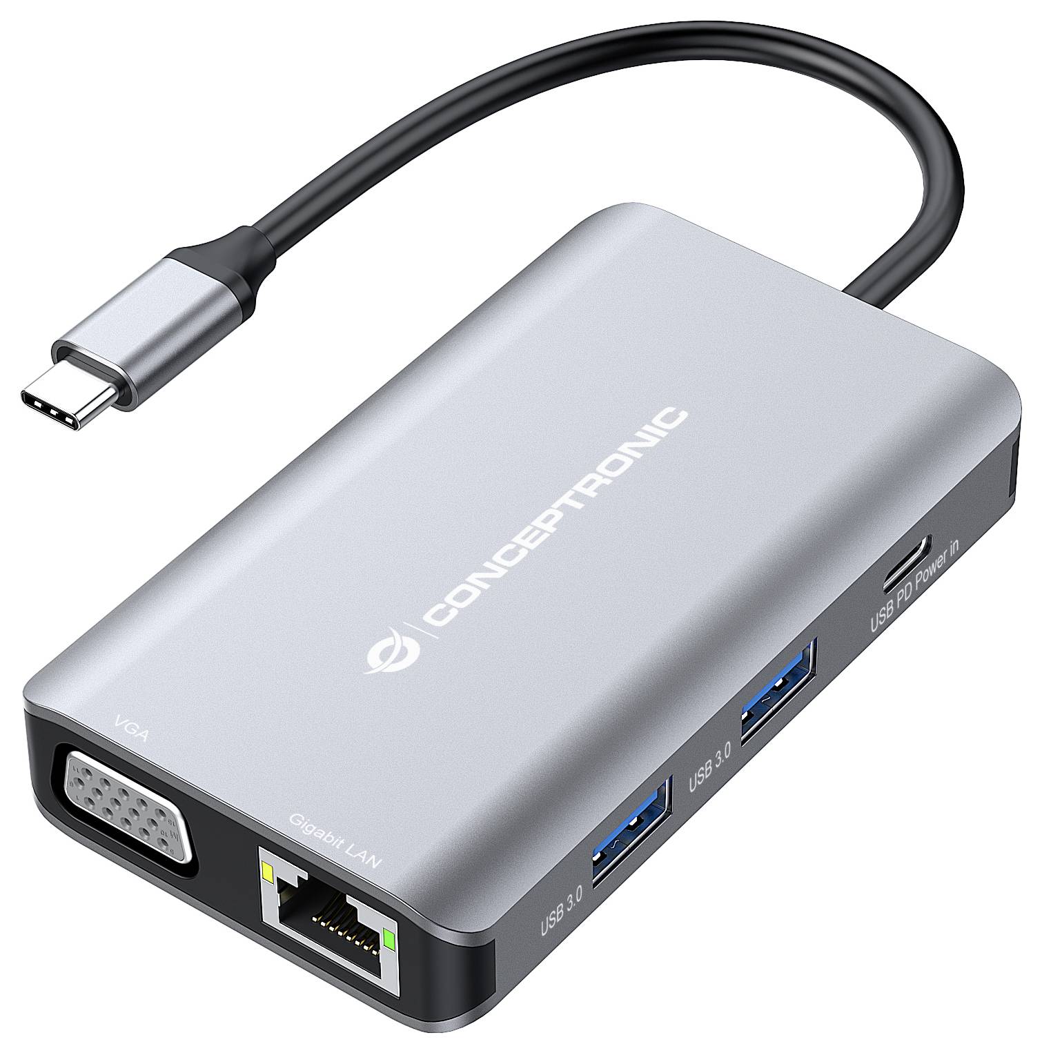 Concepttronic USB-C-Hub mit VGA, Gigabit-LAN, HDMI und USB 3.0-Anschlüssen auf weißem Hintergrund dargestellt.