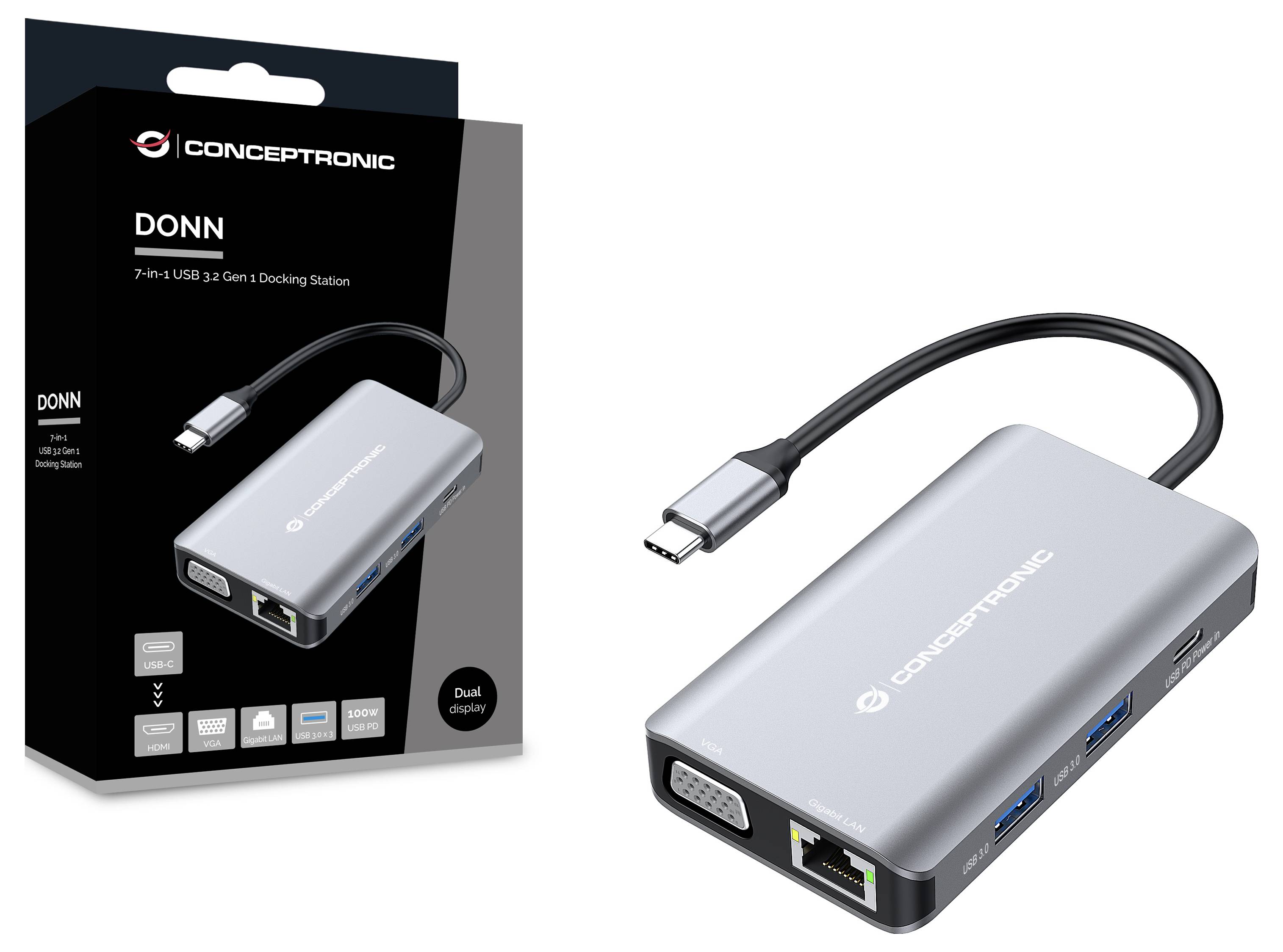 Concepttronic DONN 7-in-1 USB 3.2 Gen 1 Dockingstation mit USB-C-Kabel, HDMI, VGA, Ethernet, USB-Anschlüssen und Dual-Display-Unterstützung