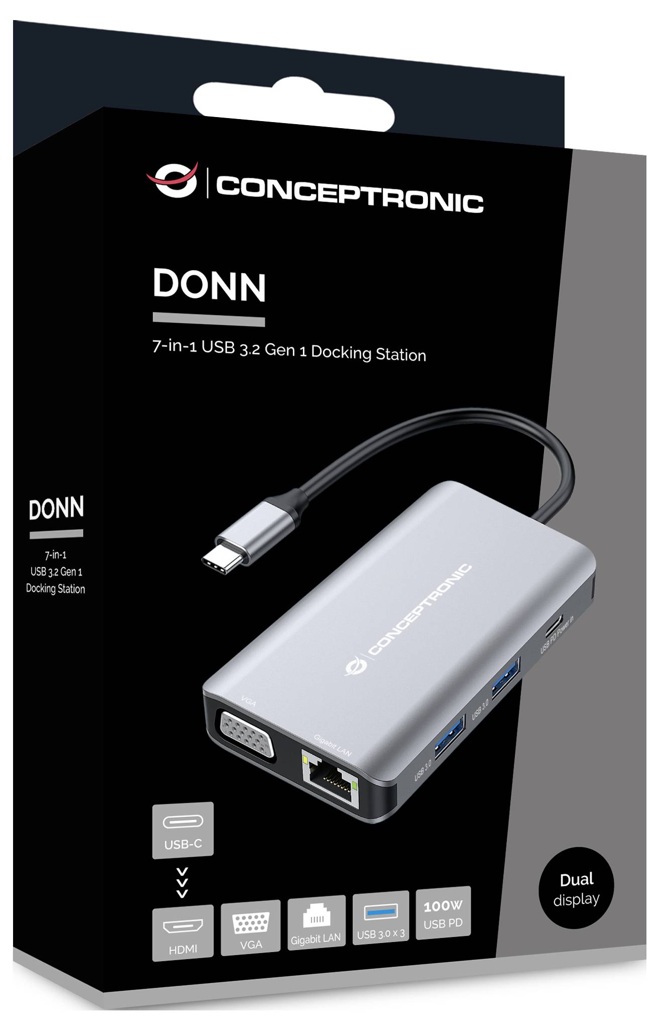 Concepttronic DONN 7-in-1 USB 3.2 Gen 1 Dockingstation Box mit USB-C-Hub mit HDMI, VGA, Gigabit-LAN, USB-Anschlüssen und 100W USB PD.