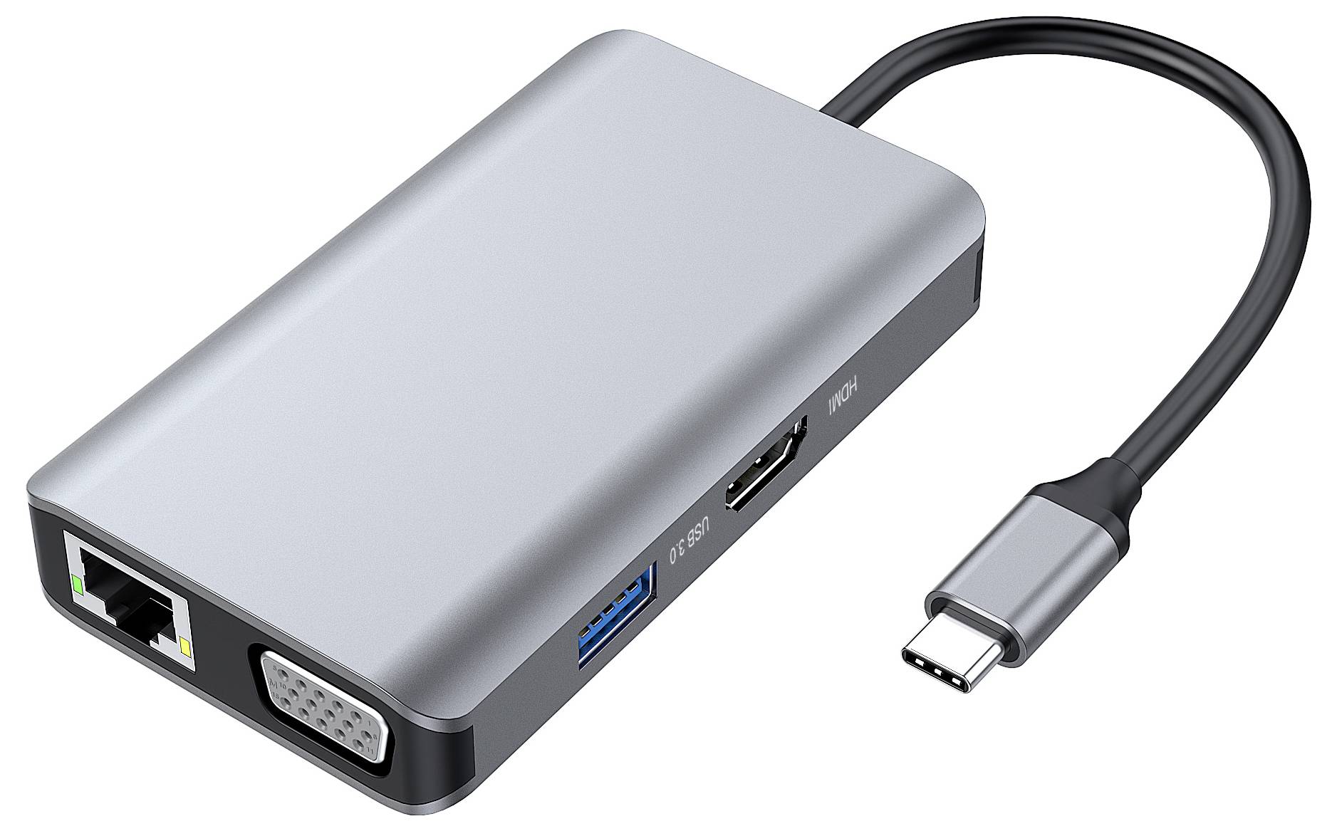 USB-C-Multiport-Adapter mit Ethernet, VGA, USB-A und USB-C-Kabel zum Anschließen eines Laptops an Peripheriegeräte und Displays