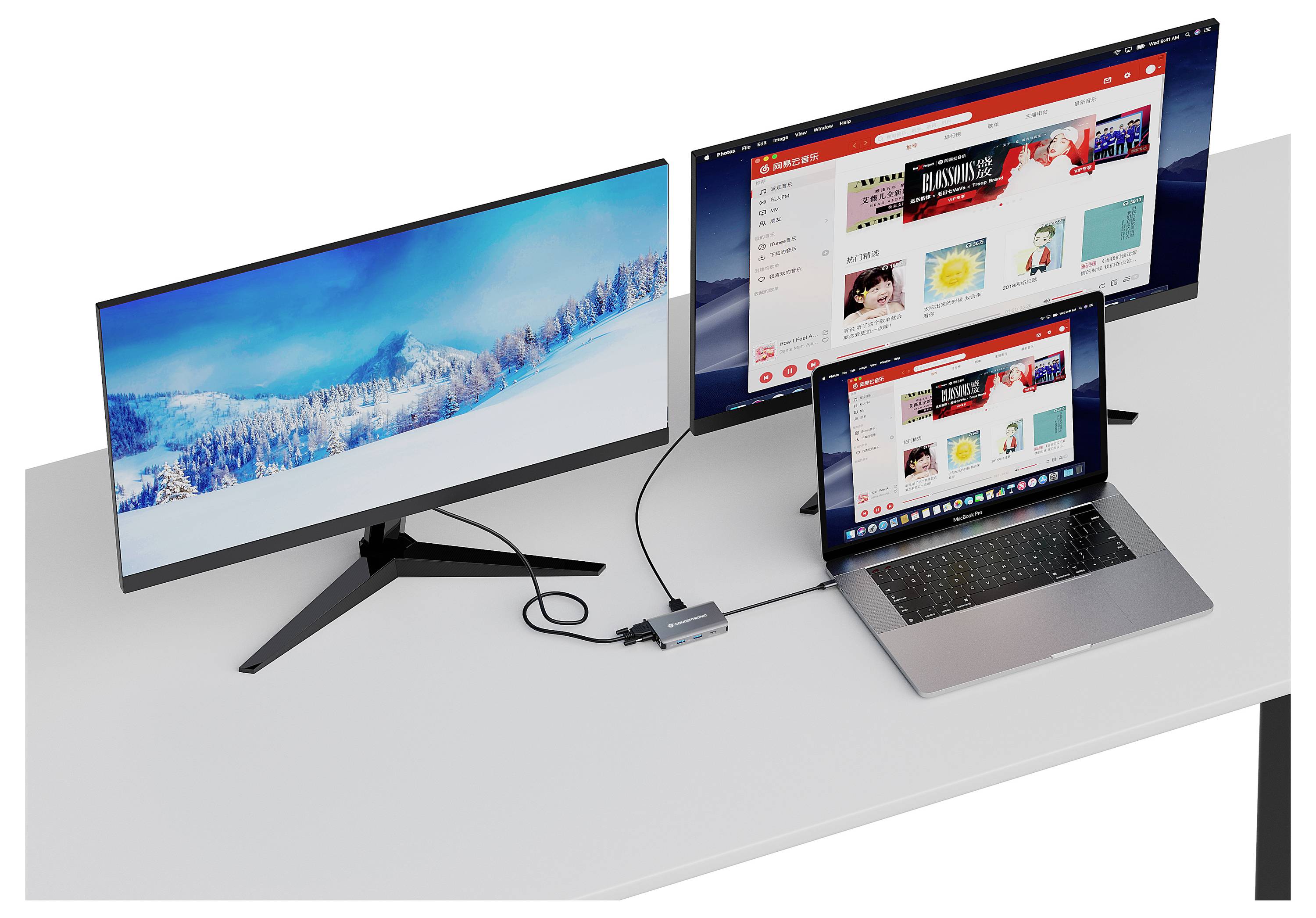 Dual-Monitor-Setup mit einem Laptop, der über eine Docking-Station verbunden ist; ein externer Monitor zeigt eine verschneite Landschaft, der andere Monitor und der Laptop zeigen eine Webseite an.