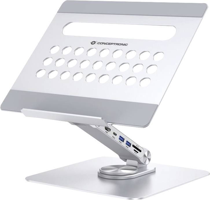 Verstellbarer silberner Laptop-Ständer mit perforierter Plattform und winkelverstellbarem Scharnier auf flacher Basis.