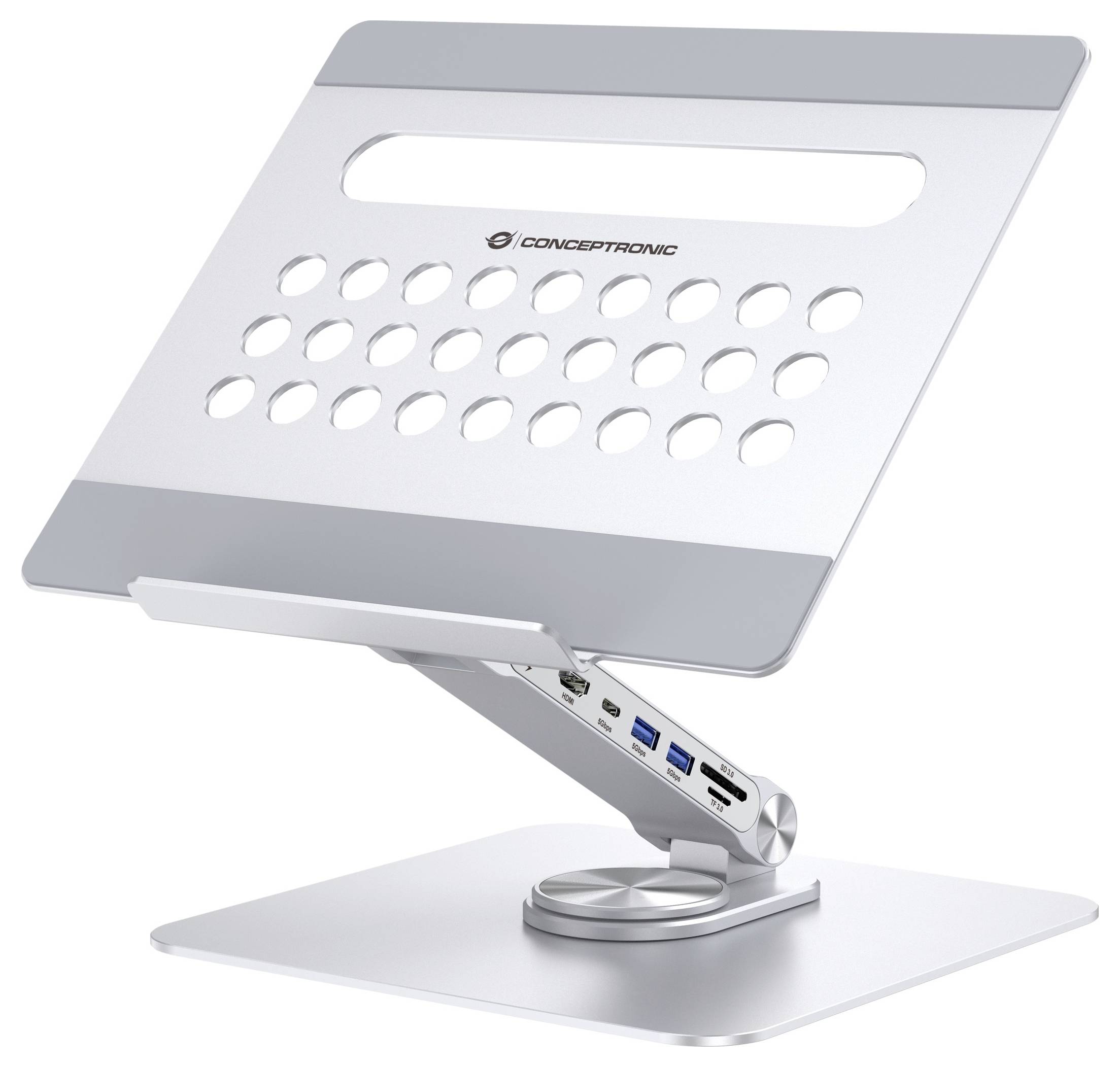 Conceptronic DONN27G Laptop Stand with 7-in-1 USB 3.2 Notebook-Ständer höhenverstellbar, drehbar, USB-Hub-Funktion