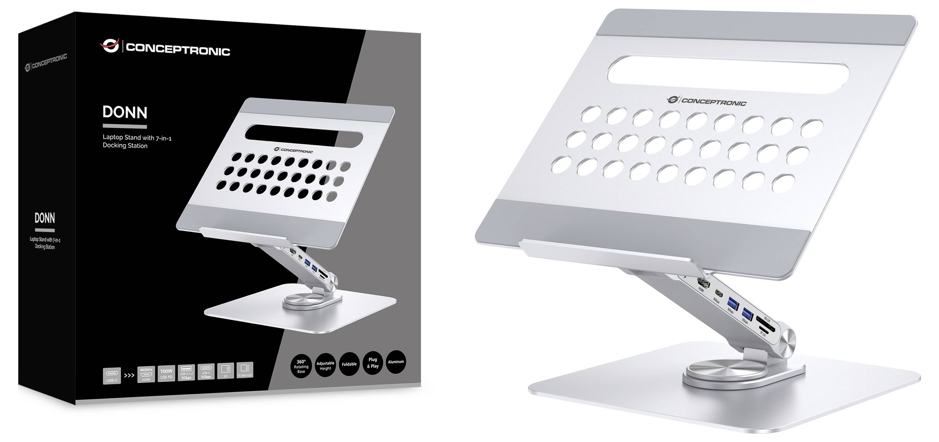 Conceptronic DONN27G Laptop Stand with 7-in-1 USB 3.2 Notebook-Ständer höhenverstellbar, drehbar, USB-Hub-Funktion