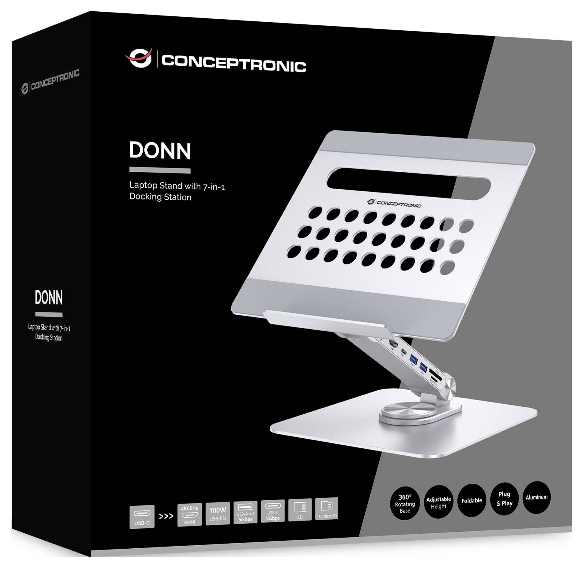 Conceptronic DONN27G Laptop Stand with 7-in-1 USB 3.2 Notebook-Ständer höhenverstellbar, drehbar, USB-Hub-Funktion