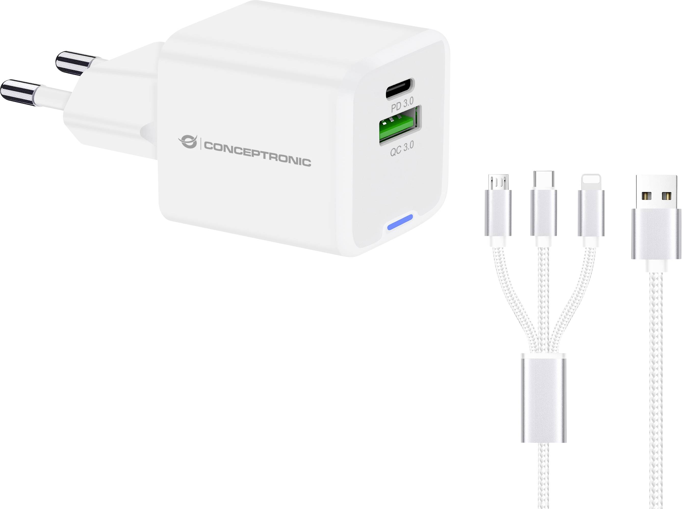Weißes Conceptronic USB-Wandladegerät mit EU-Stecker, zwei USB-Anschlüsse mit den Bezeichnungen PD 3.0 und QC 3.0, abgebildet mit einem 3-in-1-Ladekabel.