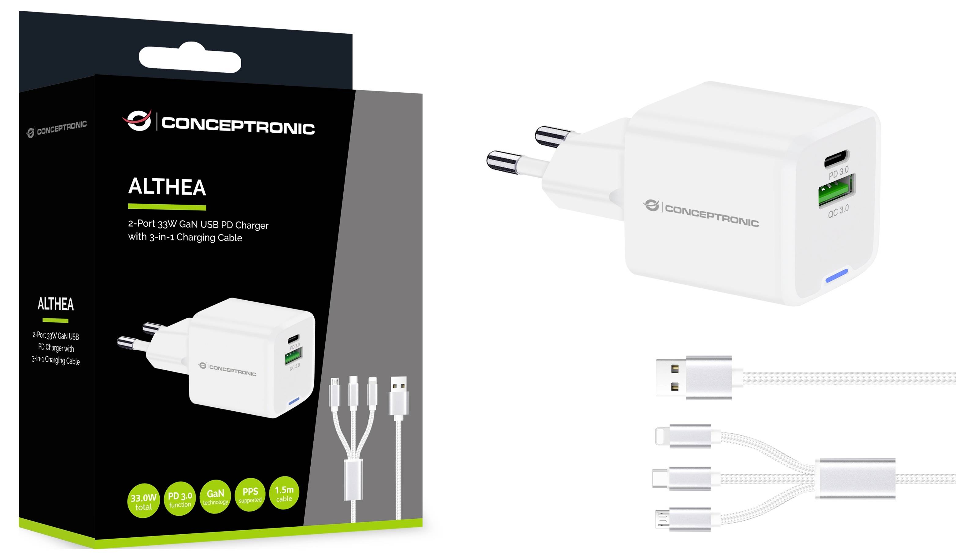 Conceptronic ALTHEA16W 2-Port 33W GaN USB PD Charger USB Ladegerät 33W USB-A, USB-C® Weiß