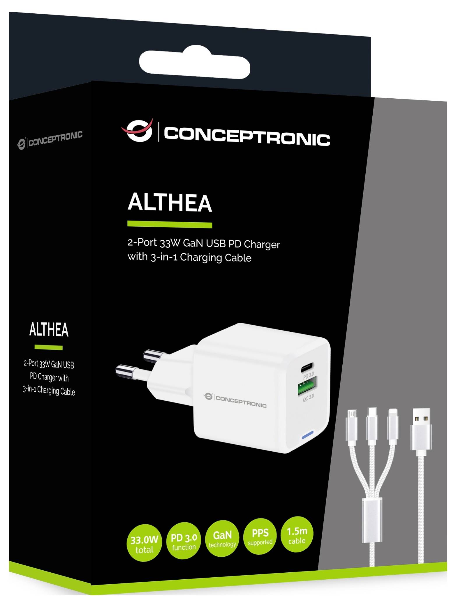 Conceptronic ALTHEA16W 2-Port 33W GaN USB PD Charger USB Ladegerät 33W USB-A, USB-C® Weiß