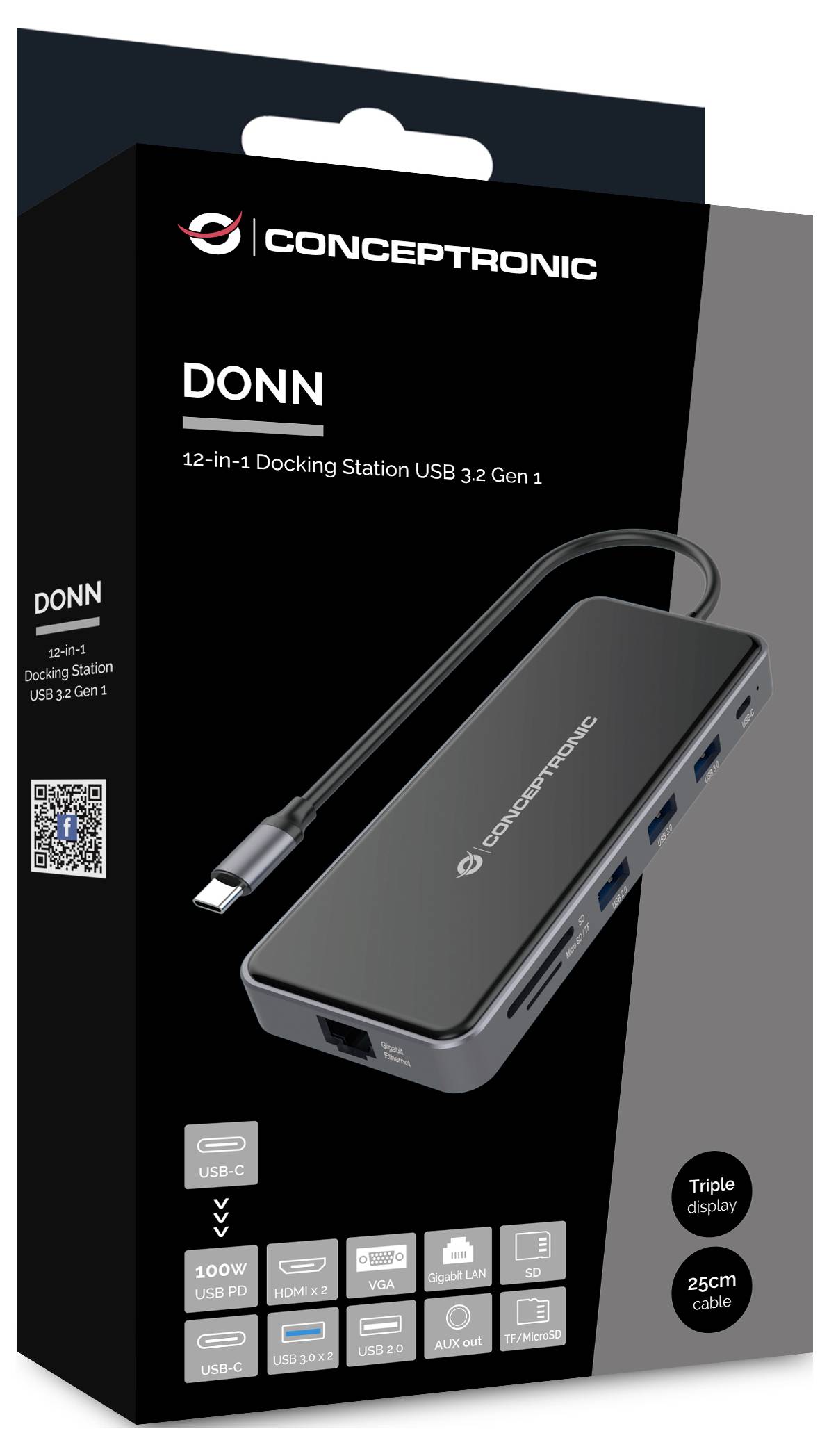 Conceptronic DONN 12-in-1 Dockingstation Box zeigt einen USB-C-Hub mit angeschlossenem Kabel und Portikonen, beschriftet mit „Triple Display