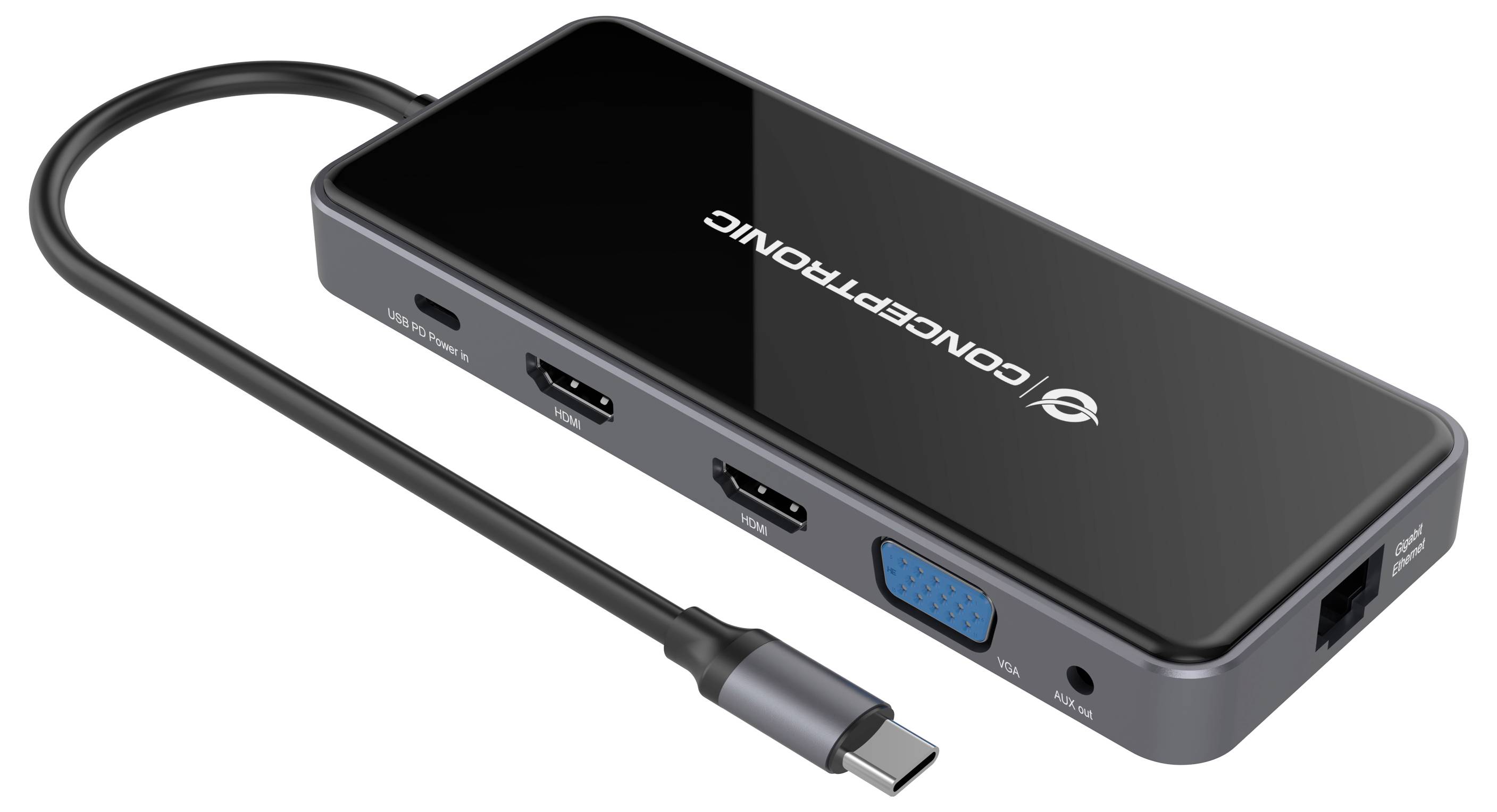 USB-C-Hub mit angebautem Kabel, zwei HDMI-Anschlüsse, VGA, Ethernet und Audiobuchse, gezeigt auf weißem Hintergrund mit „ICONNECTRONIC
