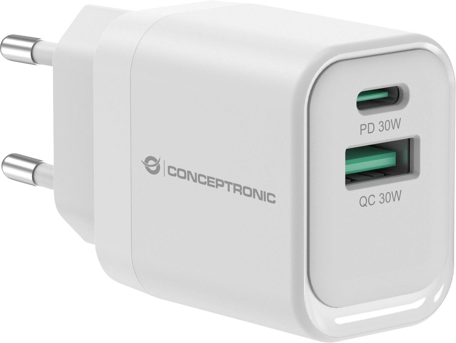 Weiß Concepttronic Wandladegerät mit zwei USB-Anschlüssen, gekennzeichnet mit PD 30W und QC 30W, abgebildet mit europäischem Stecker