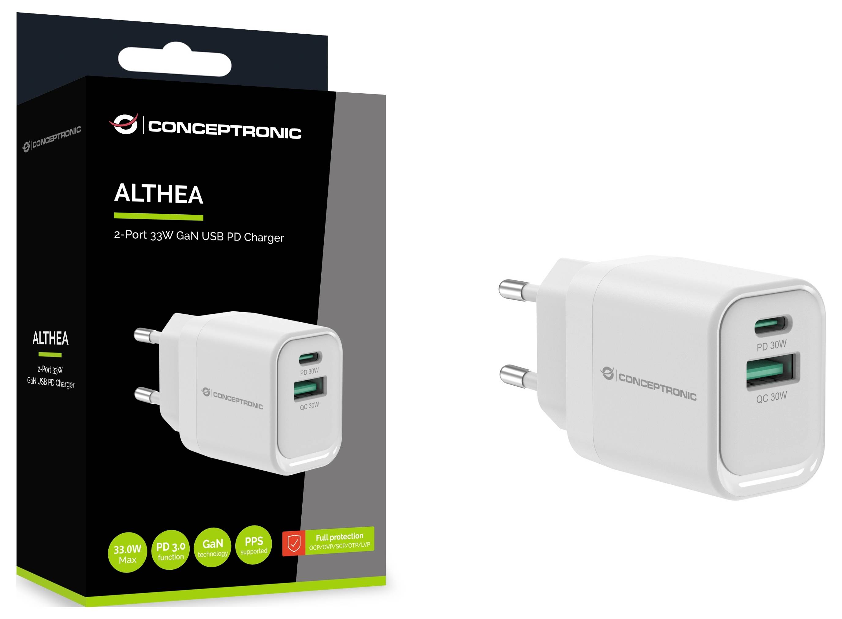 Conceptronic ALTHEA19W33 2-Port 33W GaN USB PD Charg USB Ladegerät 33W USB-A, USB-C® USB PD Weiß