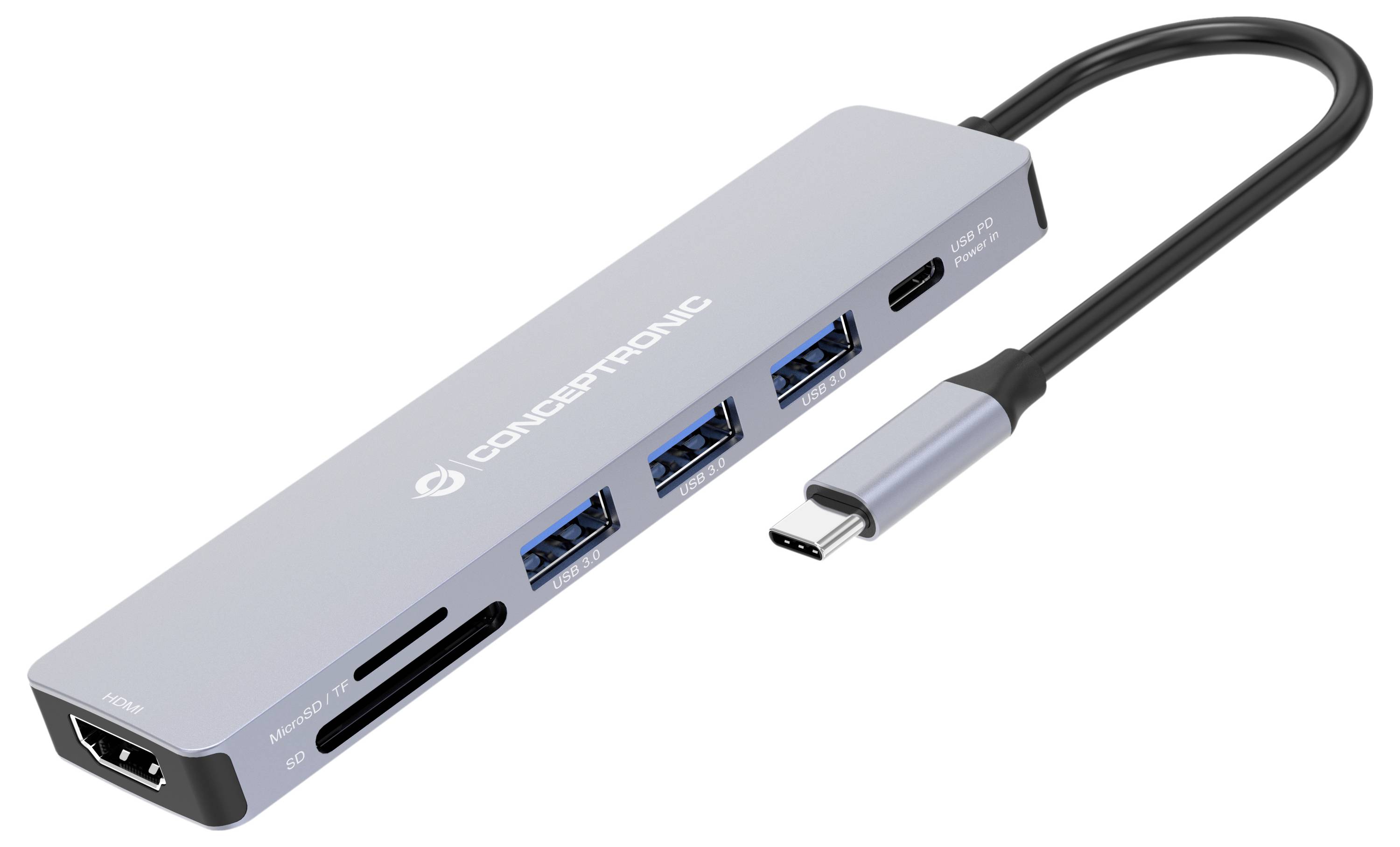 Silberner USB-C-Hub mit angeschlossenem Kabel, mit mehreren USB-Anschlüssen, SD- und microSD-Kartenschächten sowie einem HDMI-Anschluss zum Anschließen von Peripheriegeräten an einen Laptop.
