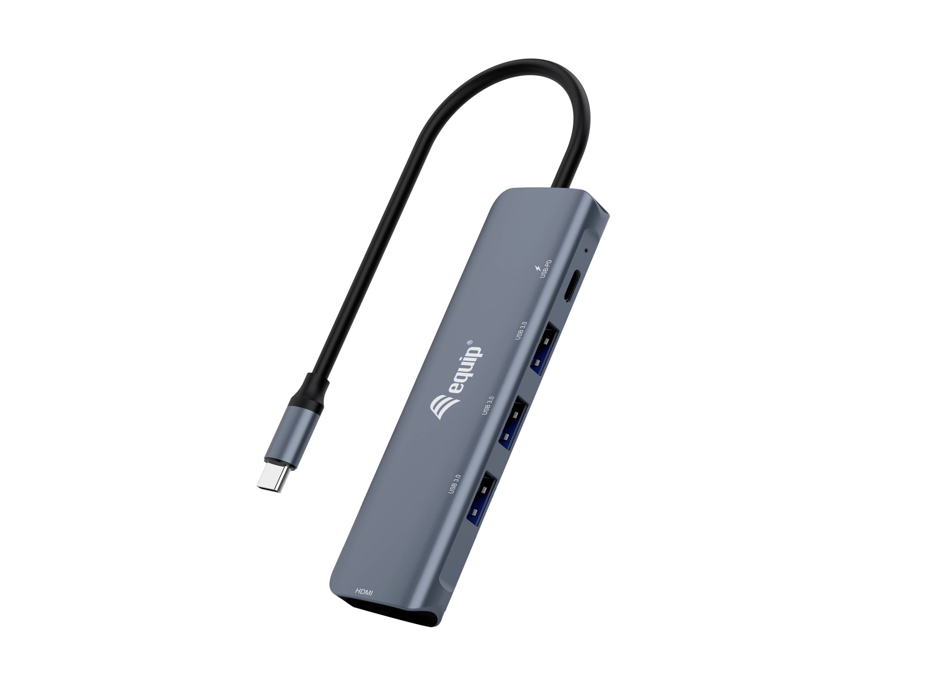 USB-C-Hub-Adapter mit drei USB-A-Anschlüssen und einem HDMI-ähnlichen Anschluss, dargestellt mit angeschlossenem kurzem USB-C-Kabel auf weißem Hintergrund