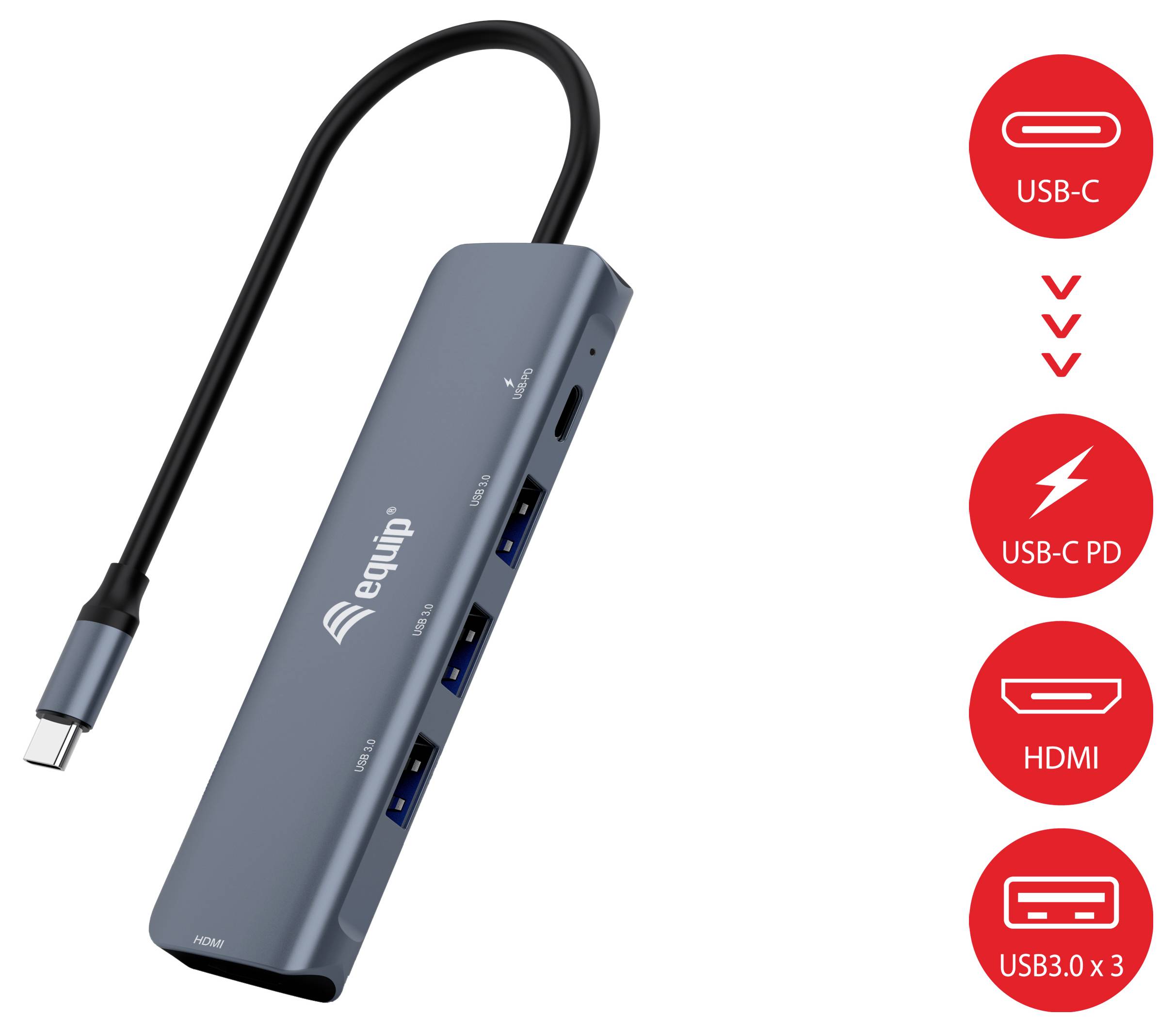 USB-C-Hub mit angebautem Kabel, das USB-C PD, HDMI und drei USB 3.0-Anschlüsse als unterstützte Verbindungen zeigt.