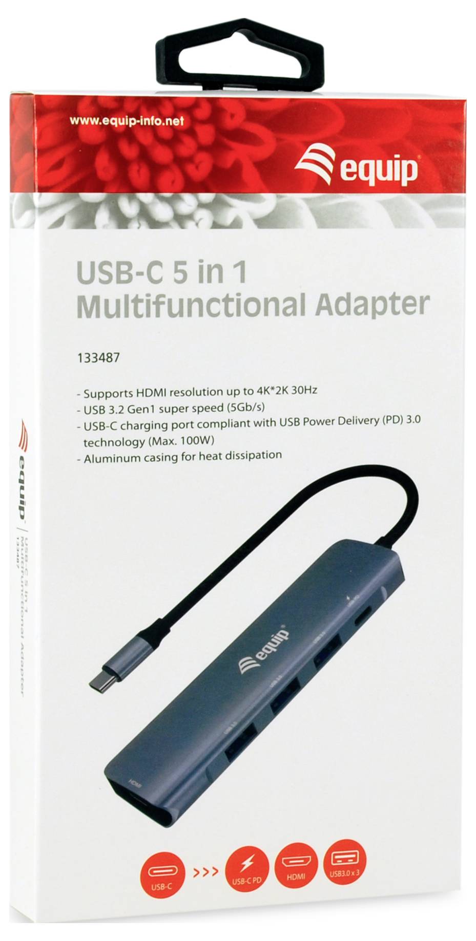 Einzelhandelsverpackung für einen Equip USB-C 5-in-1-Multifunktionsadapter mit einem blauen Hub mit USB-C-, HDMI-, Ethernet- und USB-Anschlüssen und Merkmalsliste.