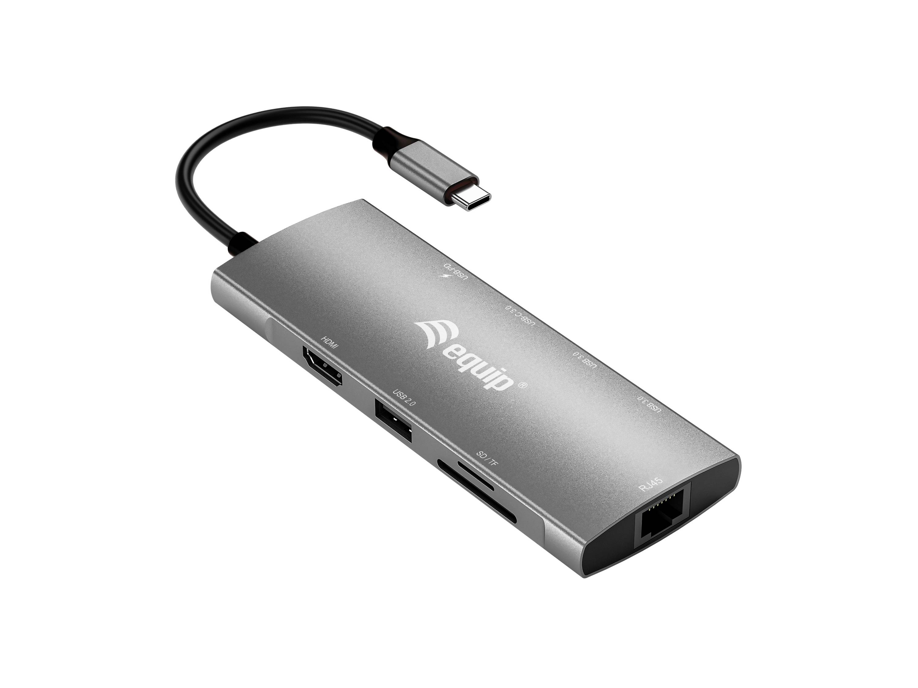 USB-C-Hub mit mehreren Anschlüssen, einschließlich Ethernet- und USB-Verbindungen, auf weißem Hintergrund dargestellt.