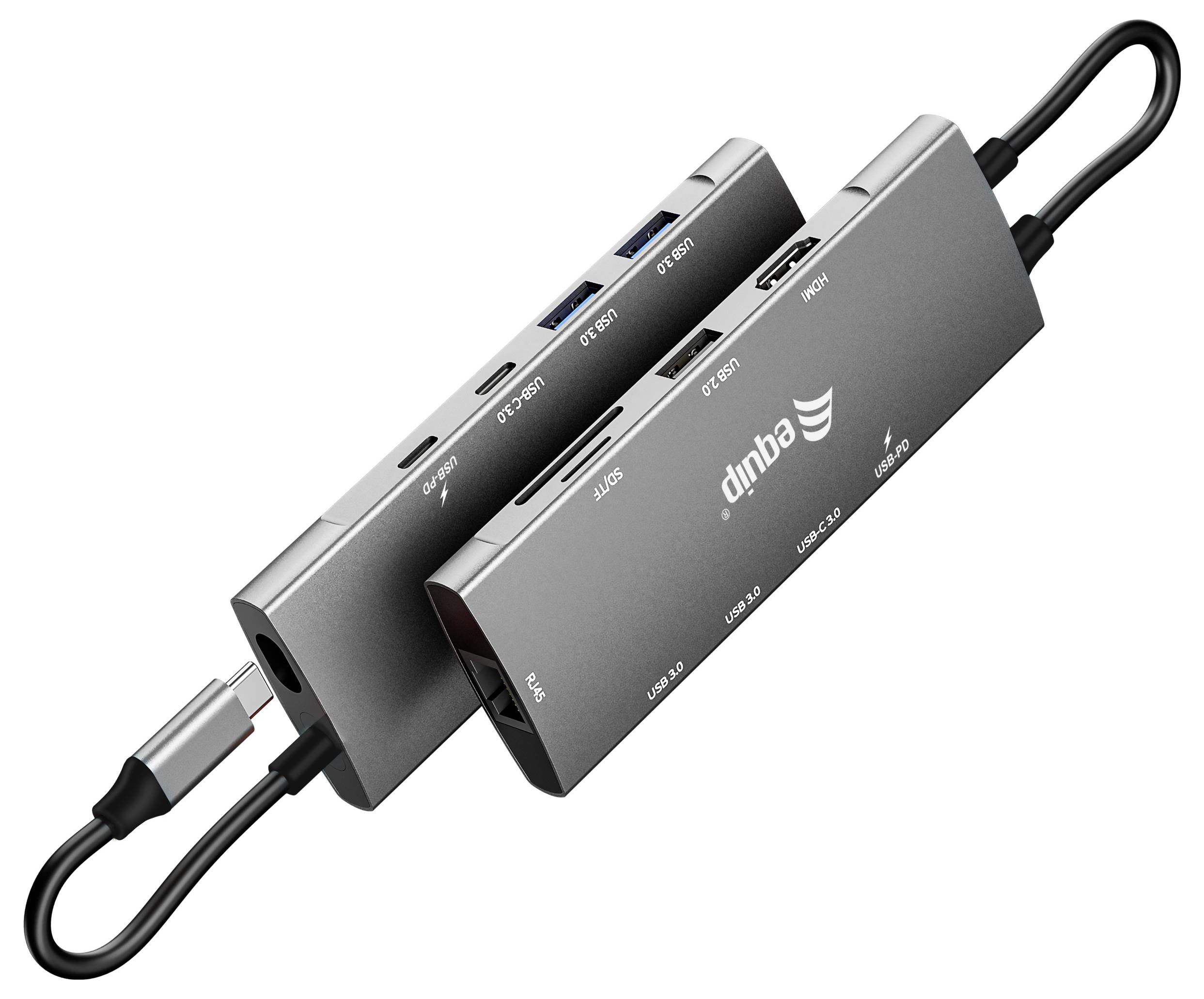 Zwei schwarze USB-C-Hub-Adapter nebeneinander verbunden, mit mehreren Anschlüssen und jeweils einem Kabel an beiden Enden angebracht.