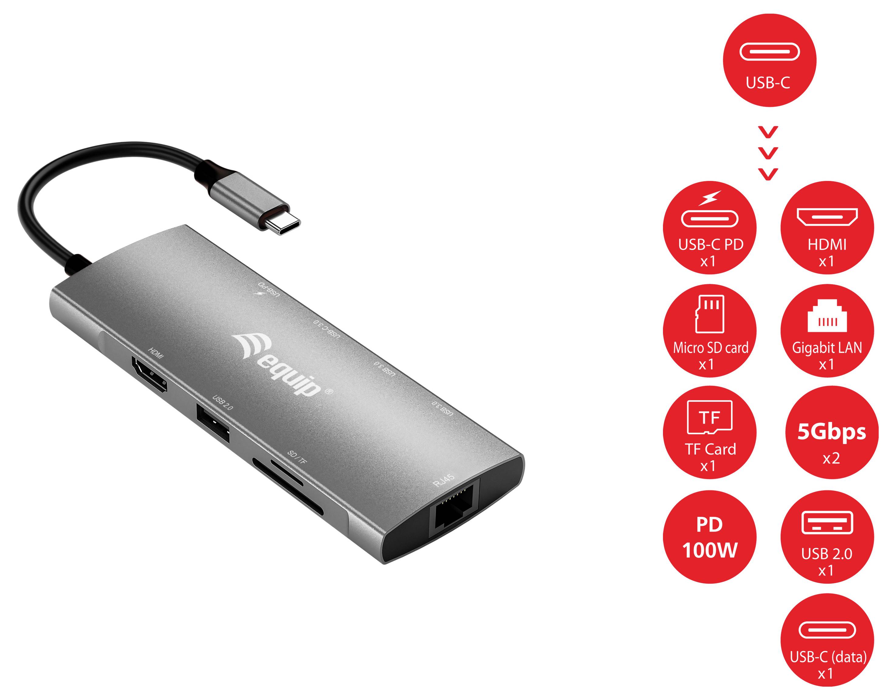 USB-C Multiport-Hub-Adapter mit HDMI, Gigabit-LAN, Micro-SD- und TF-Kartensteckplätzen, USB-2.0-Anschlüssen, USB-C-Datenschnittstelle und 100-W-PD-Unterstützung.