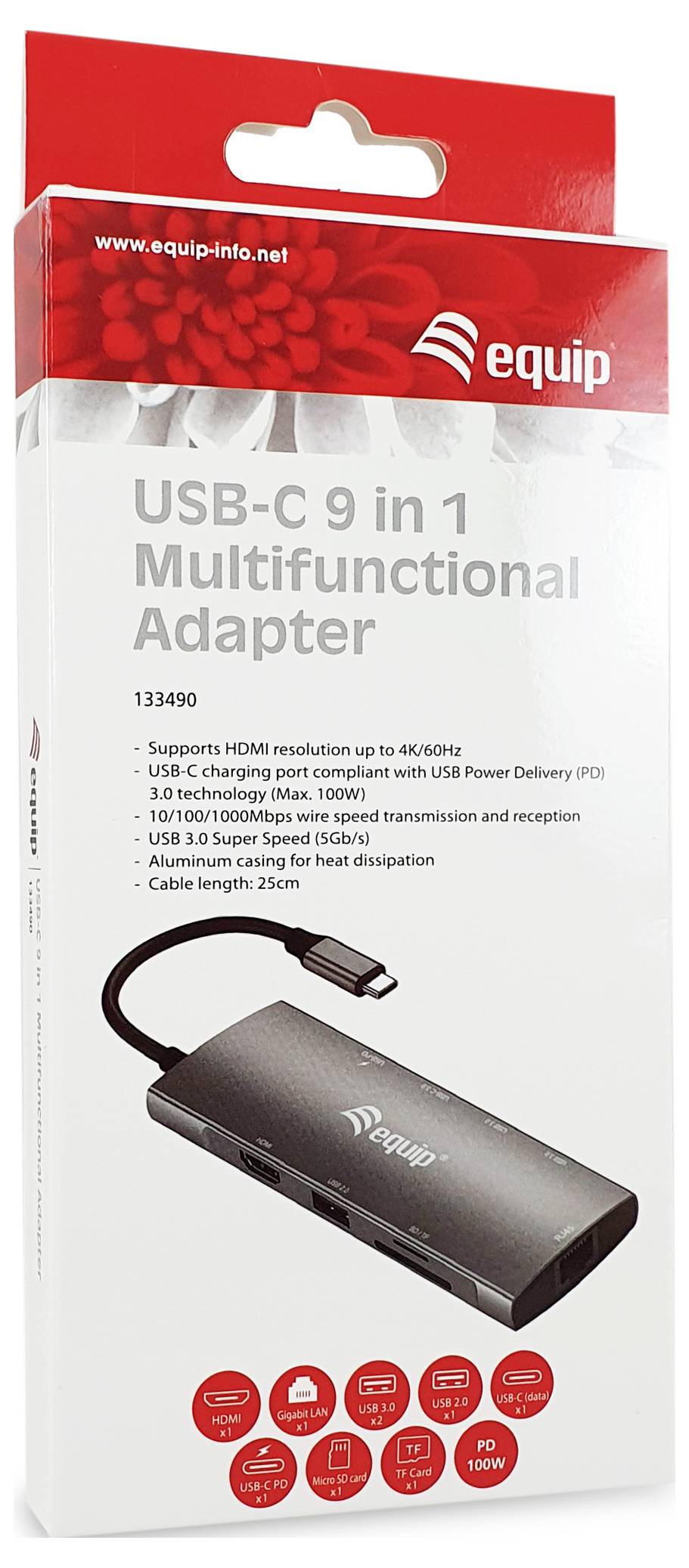 USB-C 9-in-1-Multifunktionsadapter von equip, mit einem USB-C-Hub mit HDMI-, USB-A-, SD-/microSD-, Ethernet- und Power-Delivery-Funktionen.