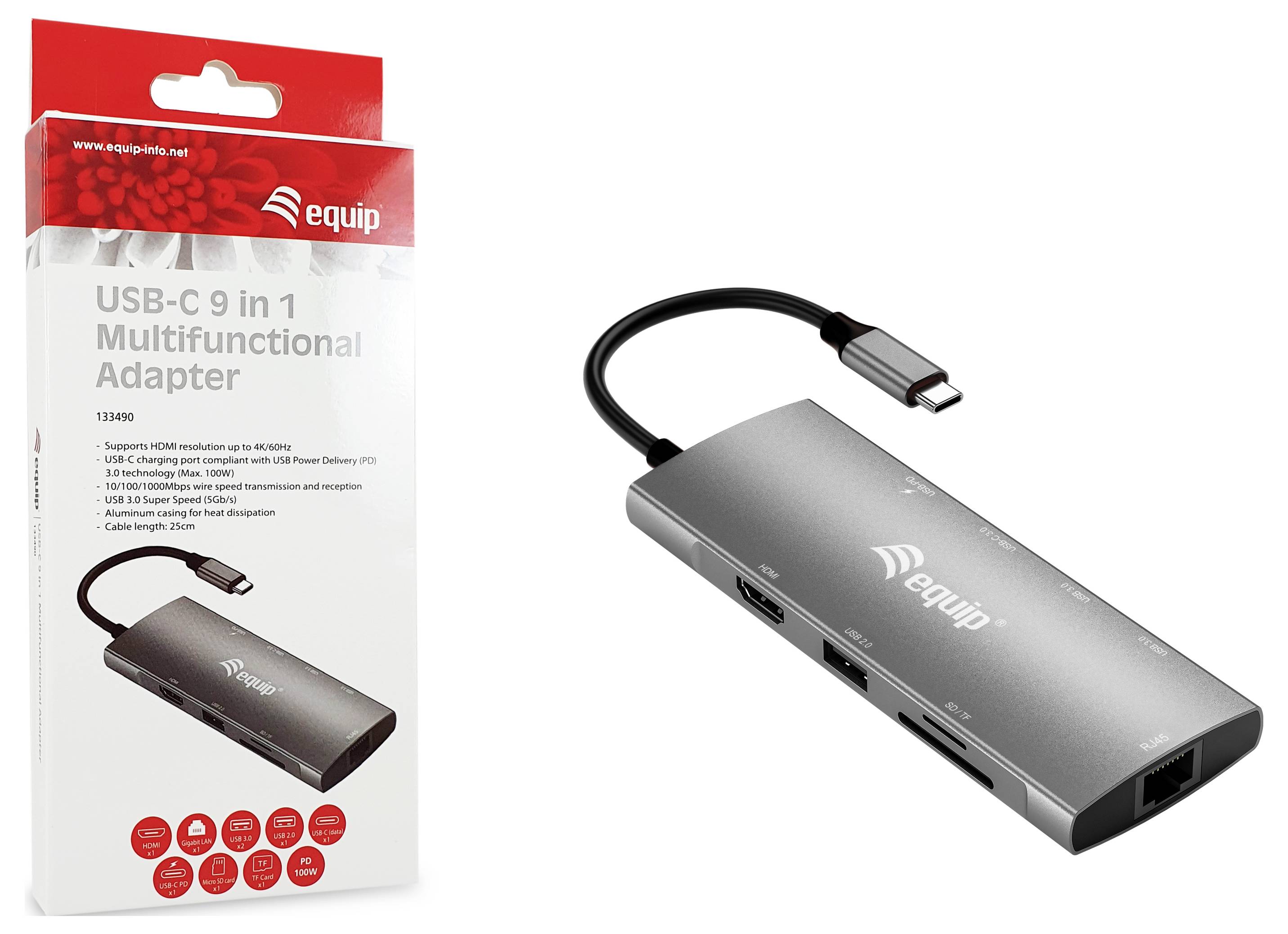Produktfoto eines Equip „USB-C 9 in 1 Multifunktions-Adapters