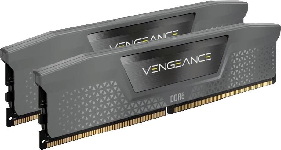 Zwei schwarze Corsair Vengeance DDR5-Desktop-RAM-Riegel auf weißem Hintergrund, nebeneinander im Winkel gezeigt.