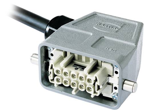 Industrielles Elektroverbindungsgehäuse mit angeschlossenem Kabel, das mehrere Anschlussöffnungen und Metallverriegelungsstifte im Inneren zeigt.