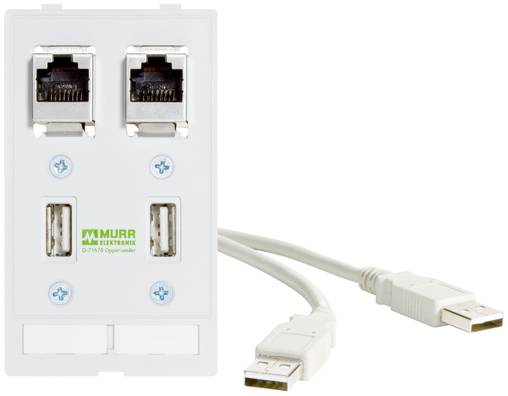 Wandmontierte Netzwerkdose mit zwei Ethernet-Anschlüssen und zwei USB-Anschlüssen, mit zwei eingesteckten weißen Kabeln.