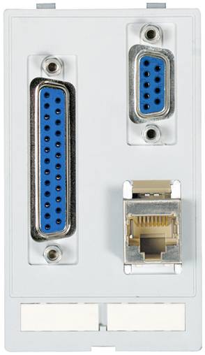 Wandplatte mit einem D-Sub-Seriellport, einem kleineren D-Sub-Port und einer Ethernet-Buchse zum Anschluss von Geräten und Netzwerkkabeln.