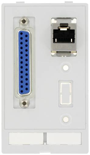 Wandplatte mit einem blauen seriellen Anschluss auf der linken Seite und einer Ethernet-Buchse auf der rechten Seite, plus zwei runde Öffnungen und zwei blanke untere Module.