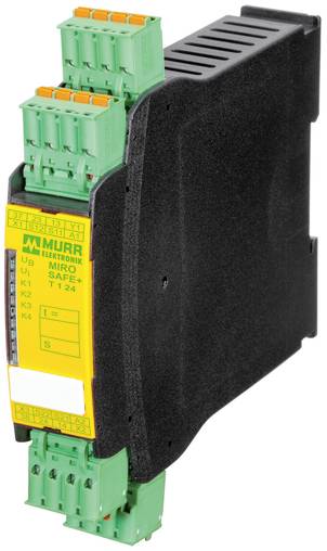 Industrielles elektrisches Signalisolator-Modul mit grünen Anschlussklemmen und gelbem Murrelektronik-Etikett auf schwarzem Gehäuse, isoliert auf weißem Hintergrund