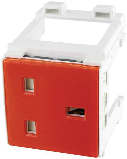Rotes elektrisches Wandmodul mit zwei rechteckigen Öffnungen, gezeigt in einem weißen Kunststoff-Montageerahmen auf neutralem Hintergrund.
