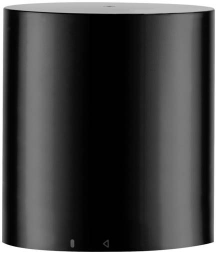 Schwarzer zylindrischer Smart Speaker mit glänzender Oberfläche und kleinem vorderen Statuslicht.