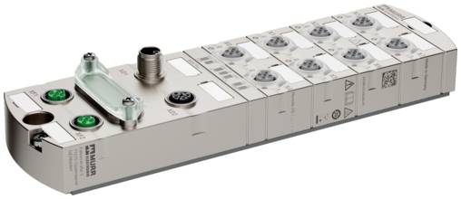 Industriales pneumatisches Ventilblock mit mehreren Magnetventilmodulen und elektrischen Steckverbindern, gezeigt in einer Seitenansicht auf weißem Hintergrund.