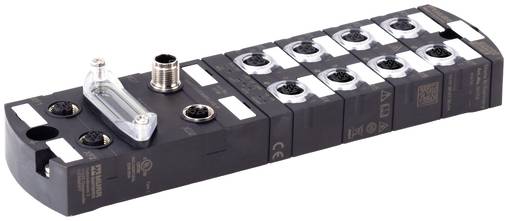 Schwarze modulare elektrische Relaisklemmenleiste mit mehreren Schraubanschlüssen und einem durchsichtigen LED-Anzeigemodule auf weißem Hintergrund
