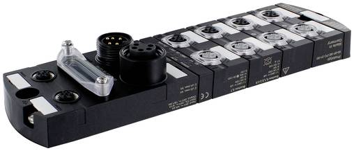 Industrielles Pneumatik-Ventilblock mit mehreren in einer Reihe verbundenen Magnetventilmodulen, dargestellt auf weißem Hintergrund.
