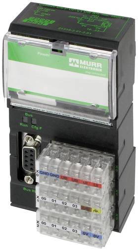 Murrelektronik Industriesteuermodul mit klaren Anschlussklemmen, Status-LEDs und einem DB9-Anschluss auf der Frontplatte.