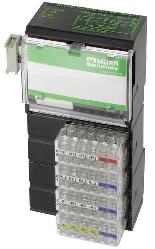 Murrelektronik Industrielles Elektromodul mit transparenten Anschlussklemmen und beschrifteten Verdrahtungsverbindungen auf einem schwarzen Gehäuse
