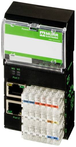 Industrielles Netzwerkschnittstellenmodul mit Murr Elektronik-Branding, zwei Ethernet-Anschlüssen und mehreren Steckklemmen für Verdrahtung von Ein- und Ausgängen.