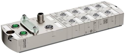 Industrielles elektronisches Ein-/Ausgabemodul mit mehreren nummerierten Anschlüssen und Statusanzeigen, dargestellt in einem weißen und grauen rechteckigen Gehäuse.